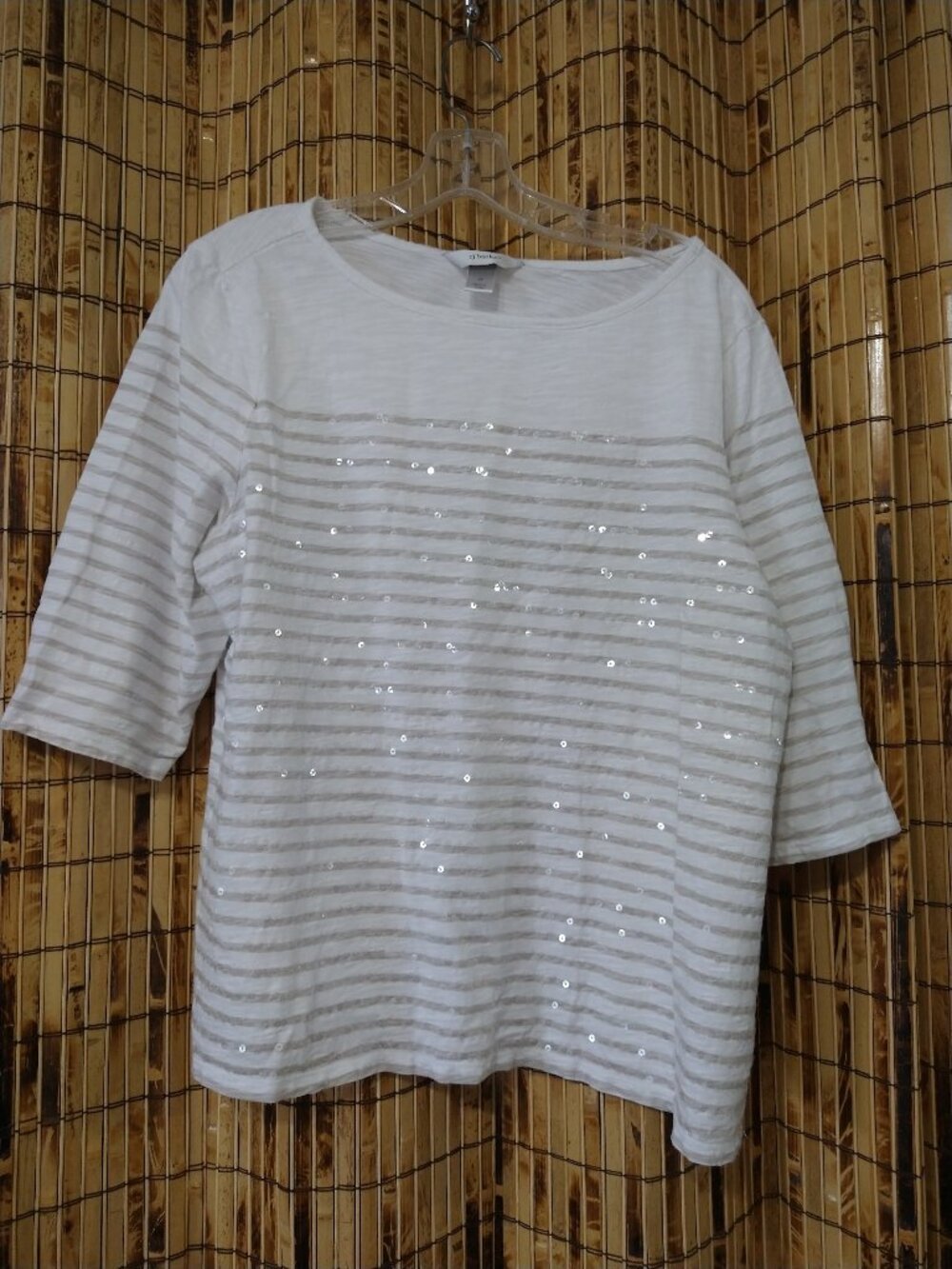 CJ Banks White & Taupe Striped Sequin Boatneck 3/4 Sleeve Top Size 2X